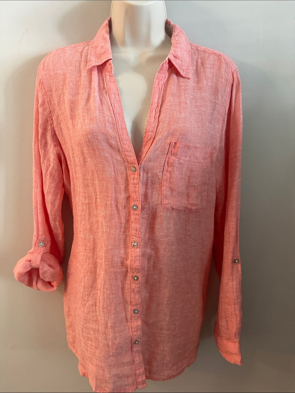 Sigrid Olsen Coral Pink Linen Button-Down Shirt women’s size medium